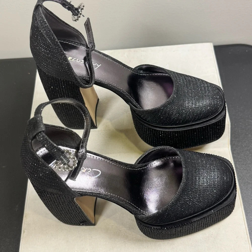 Circus by Sam Edelman Black Glitter Platform Ankle-Strap Heels - Picture 4 of 16